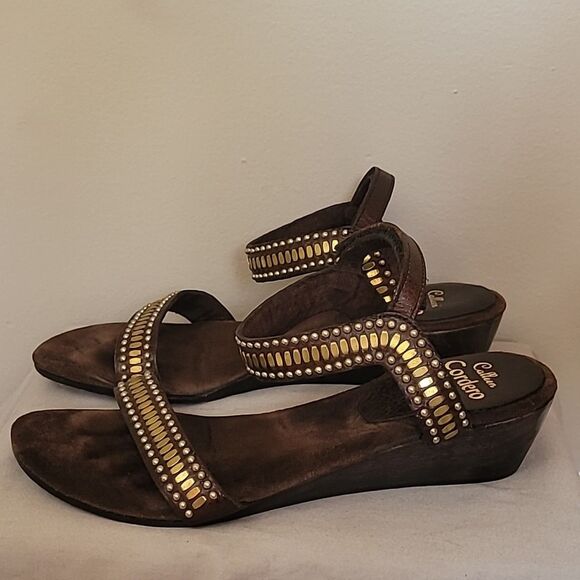 Calleen Cordero Brown Studded Leather Low Wedge Sandals. Size 7.5 - Picture 3 of 7